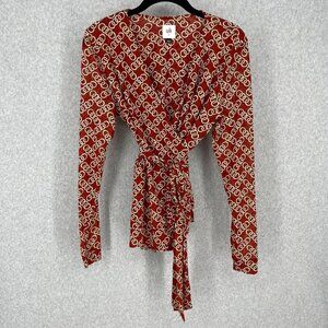 Cabi Ringleader Wrap Top Size S Red Signet Chain Print Mesh Long Sleeve 3951